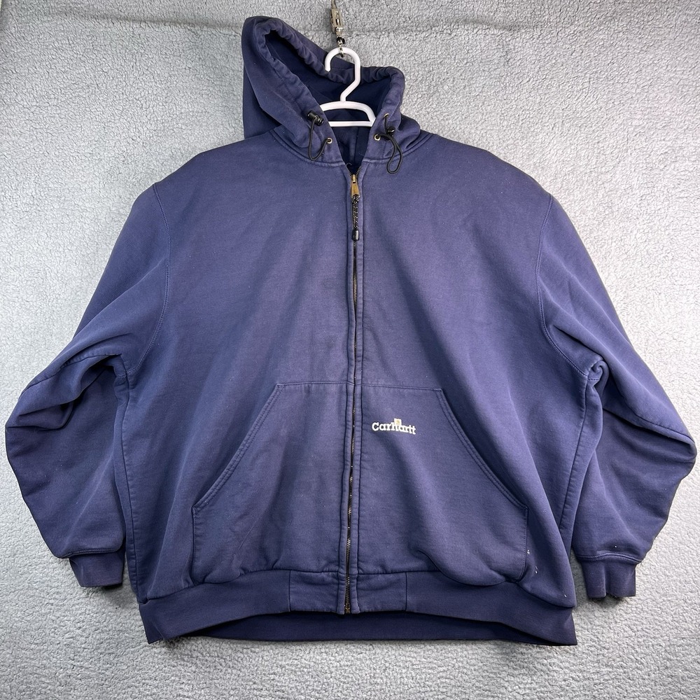 VTG 80s Carhartt Thermal Lined Waffle Zip Up Hoodie Jacket Navy Blue 3XL
